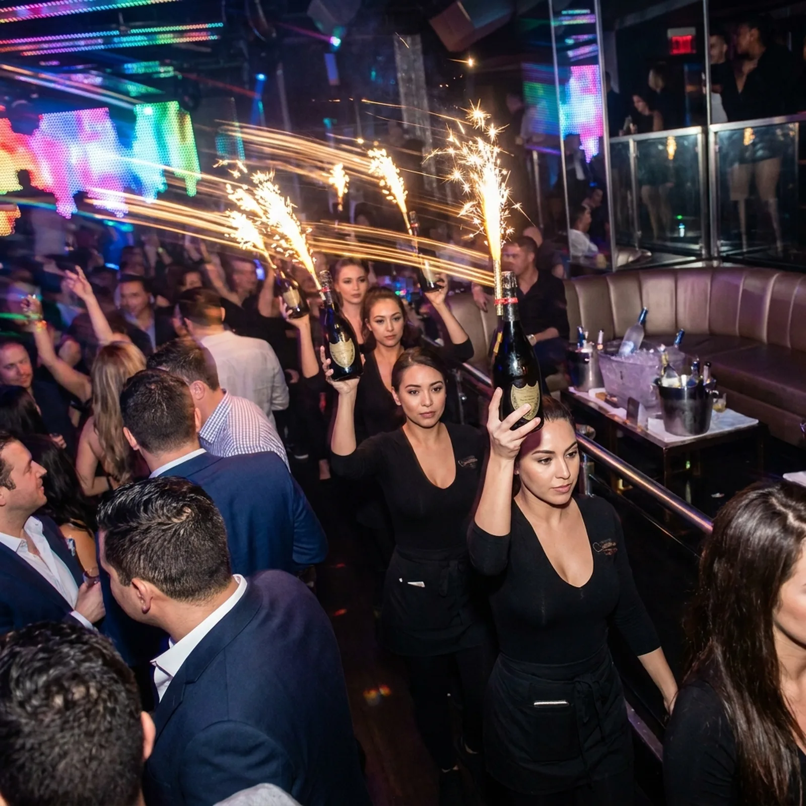 Sparkler bottle presentation being carried to a VIP table in a Las Vegas nightclub