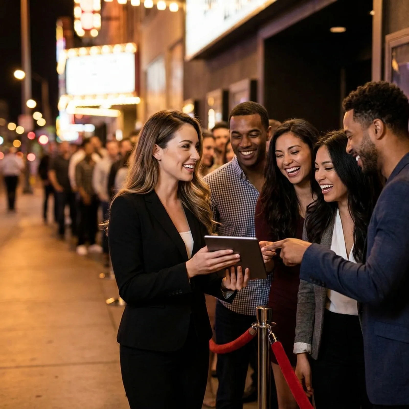 Host checking a group in at the velvet rope of a Las Vegas nightclub guest list entrance