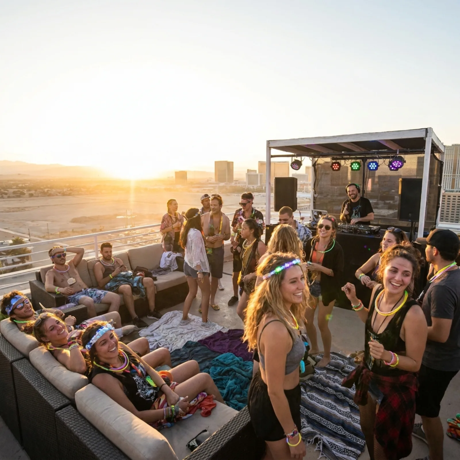 Afterparty crowd at sunrise during EDC week in Las Vegas