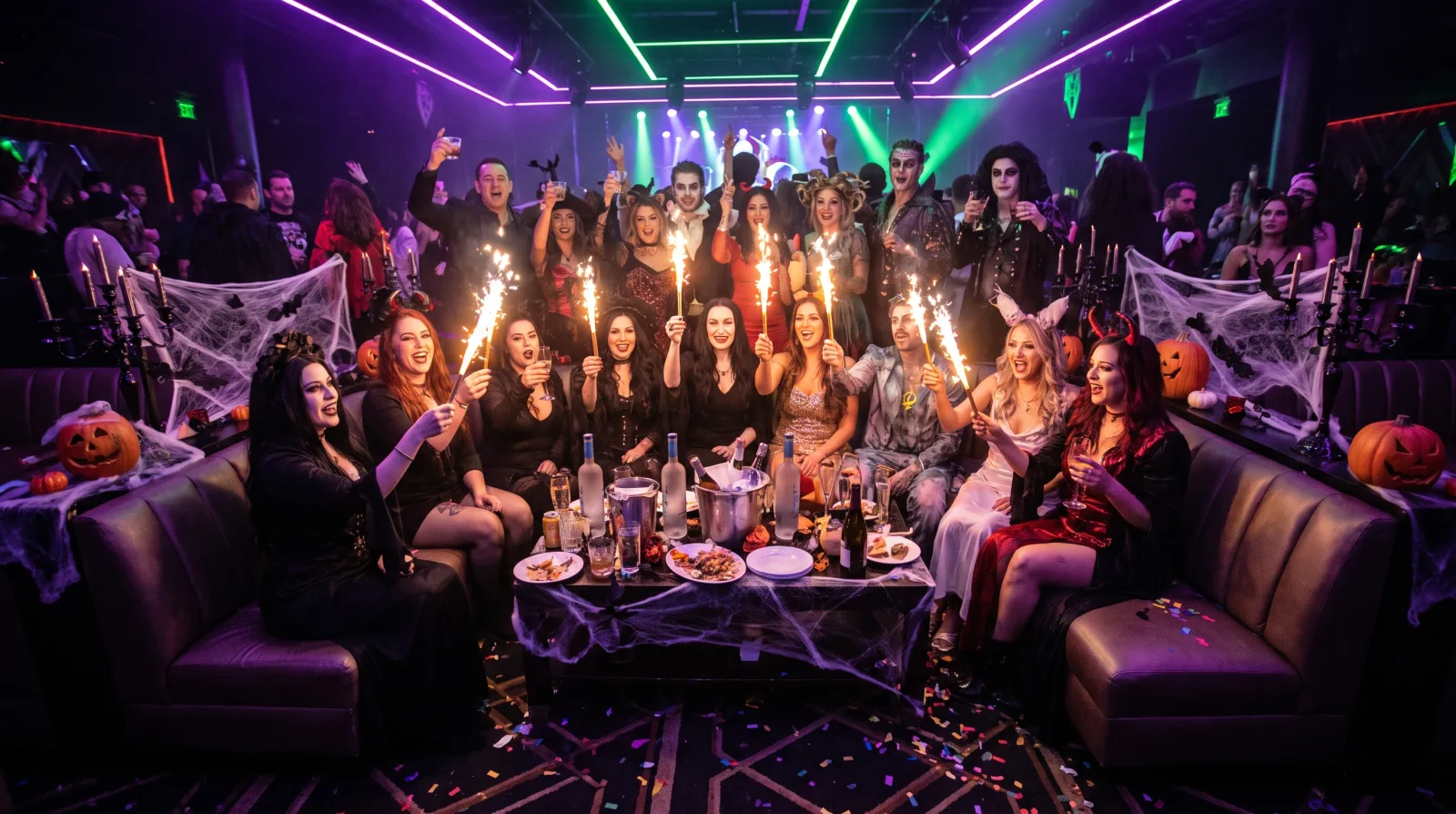 Costumed group at a Las Vegas VIP table on Halloween night