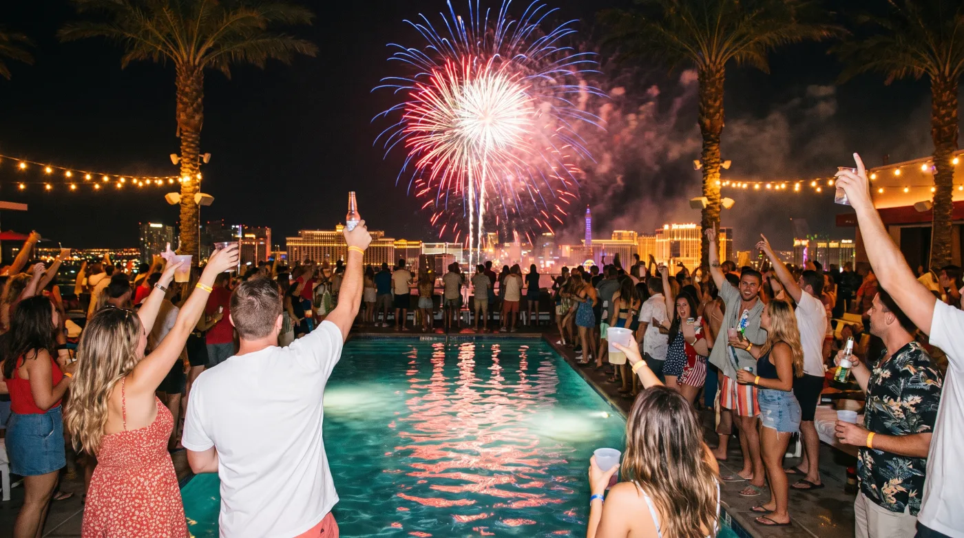 Fireworks over a Las Vegas pool party on the Fourth of July