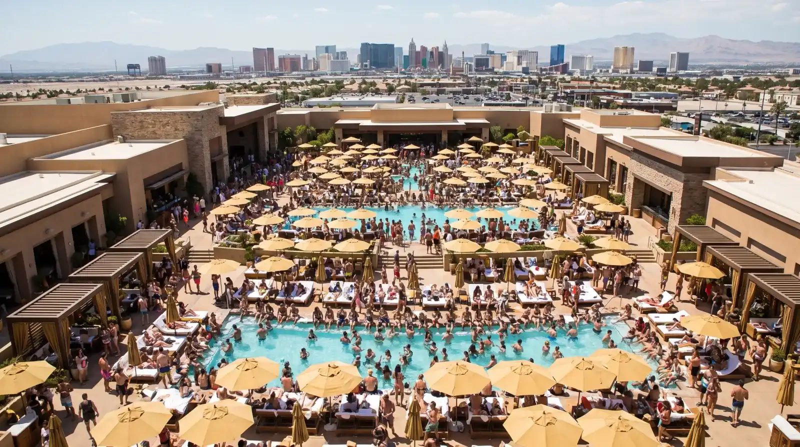 Memorial Day Weekend pool party aerial in Las Vegas