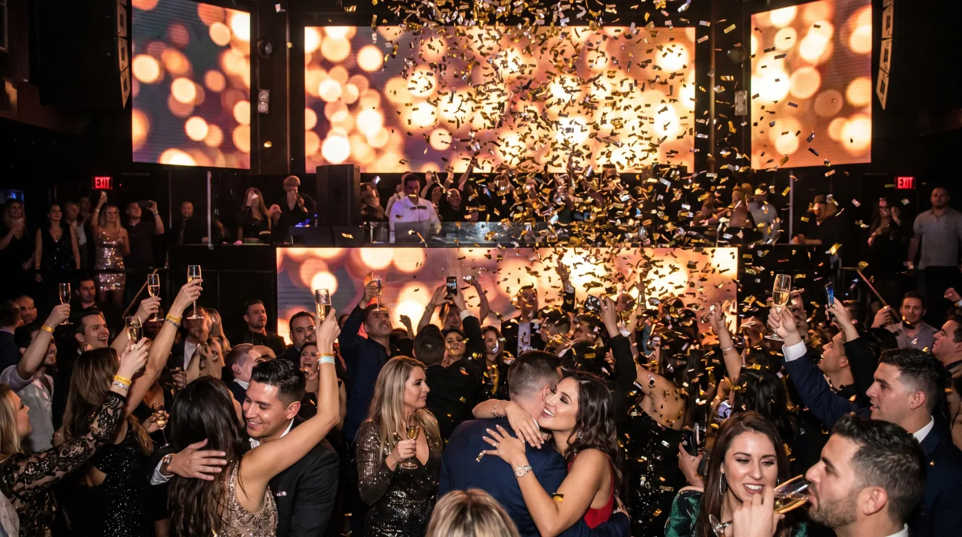 New Year's Eve countdown confetti in a Las Vegas club