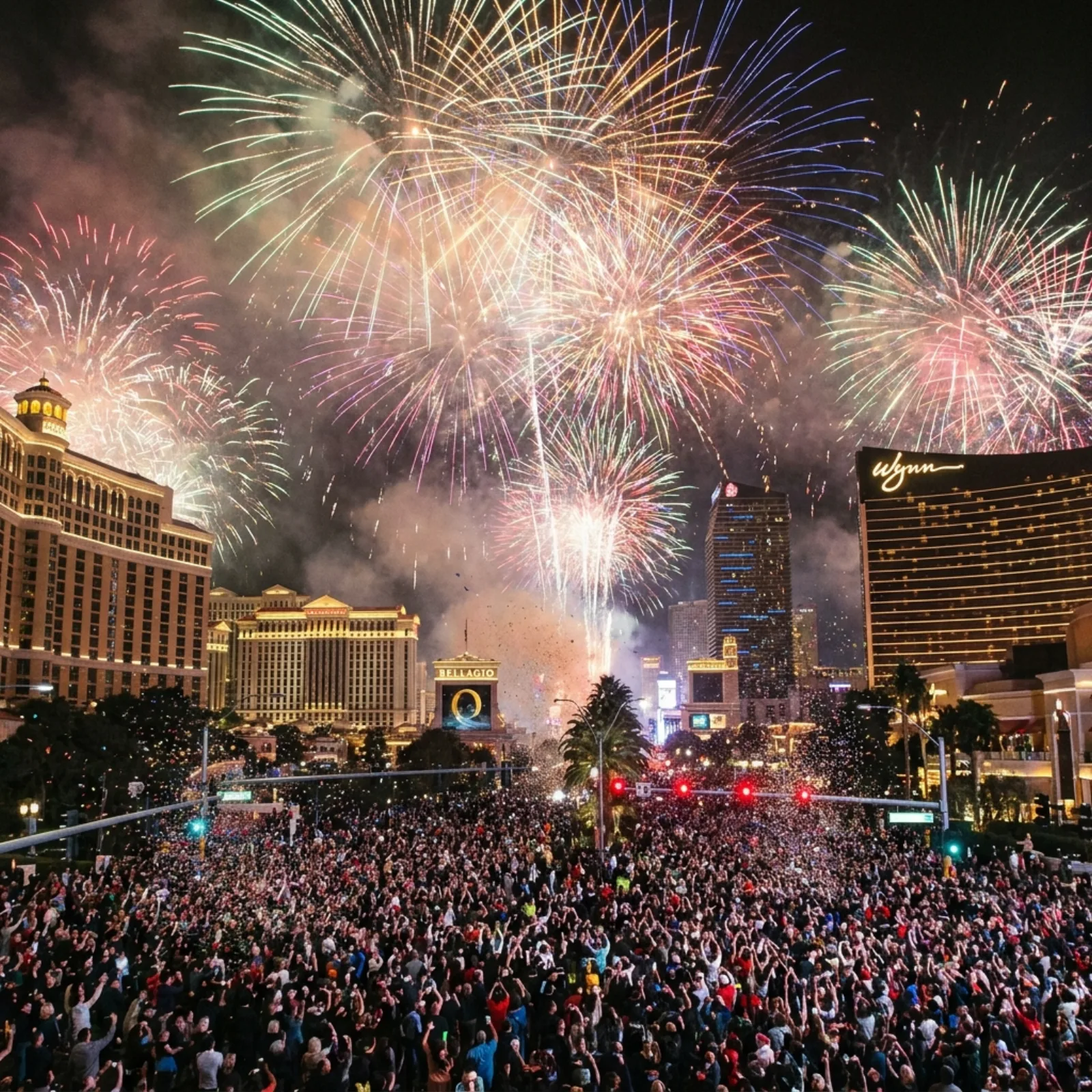 Fireworks over the Las Vegas Strip at midnight on New Year’s Eve