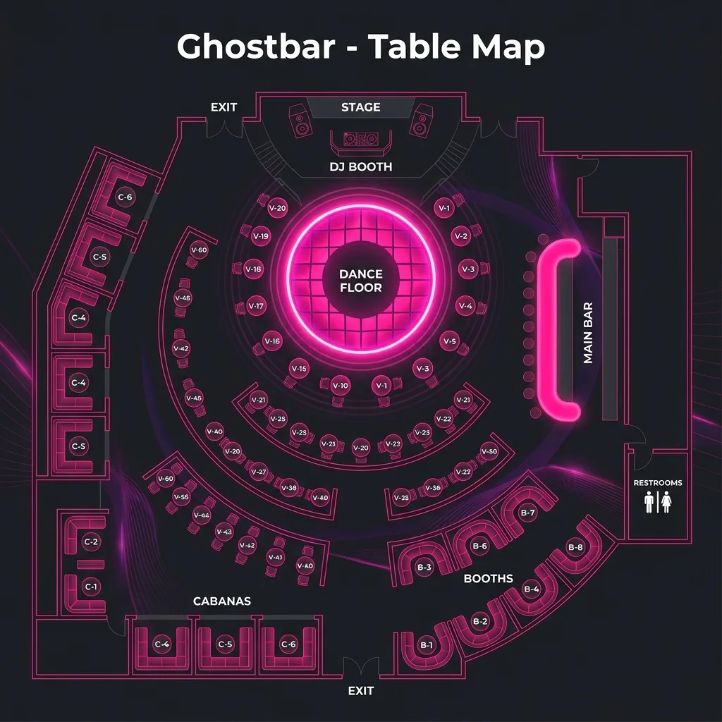 Ghostbar Las Vegas table map and VIP section layout