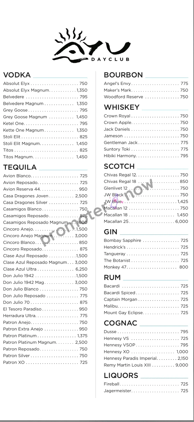 Ayu Dayclub Las Vegas bottle service menu and prices