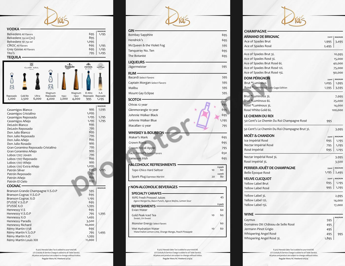 Drai's After Hours Las Vegas bottle service menu and prices