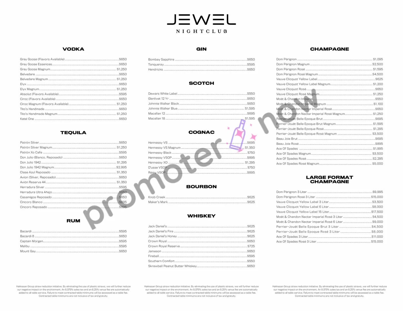 Jewel Nightclub Las Vegas bottle service menu and prices