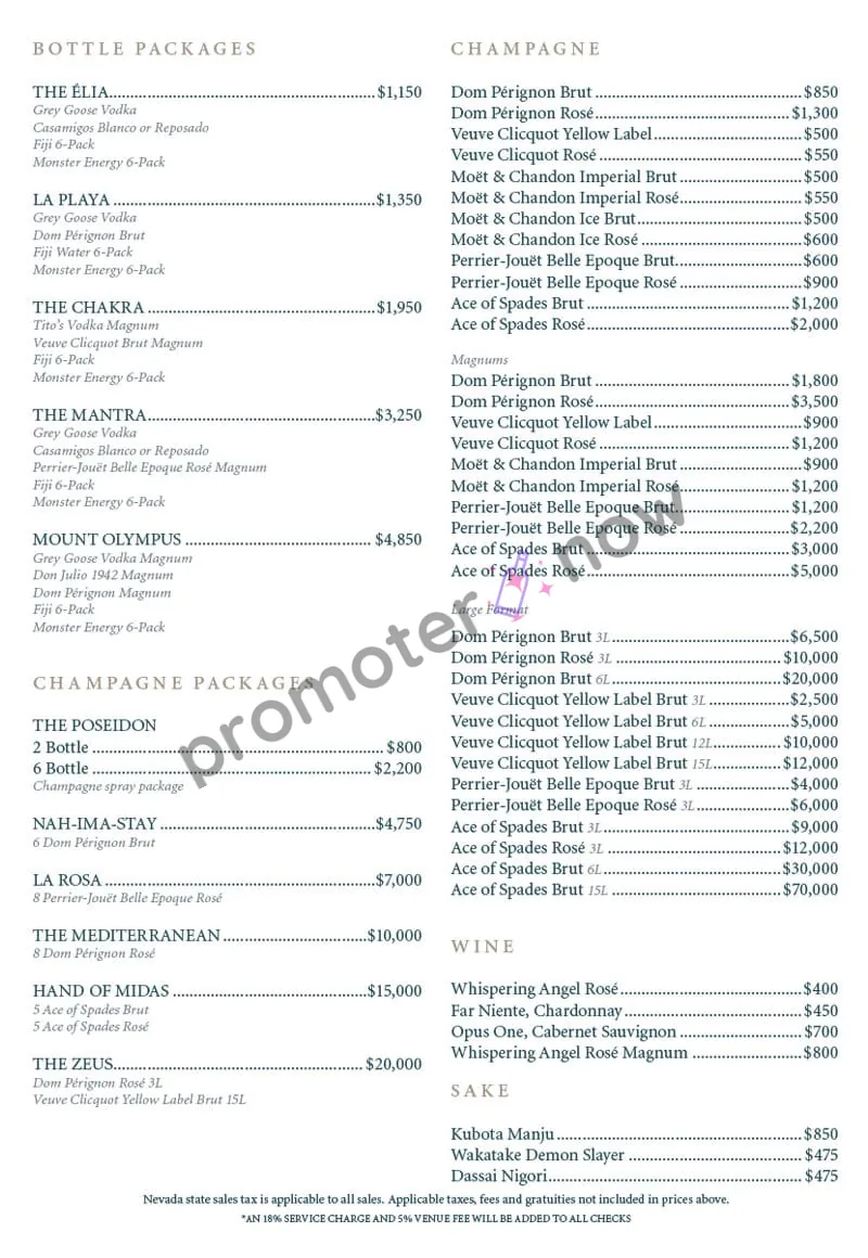 Kassi Beach Club Las Vegas bottle service menu and prices