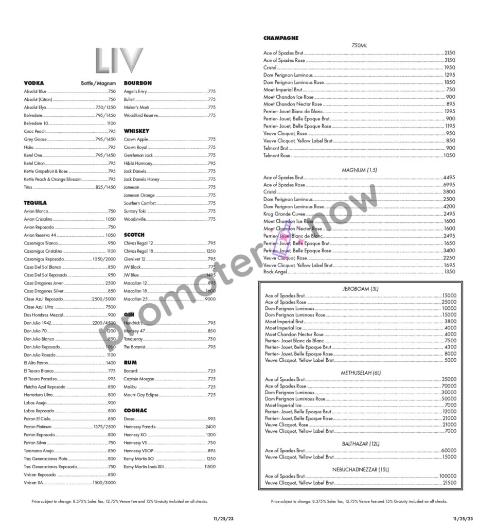 LIV Nightclub Las Vegas bottle service menu and prices