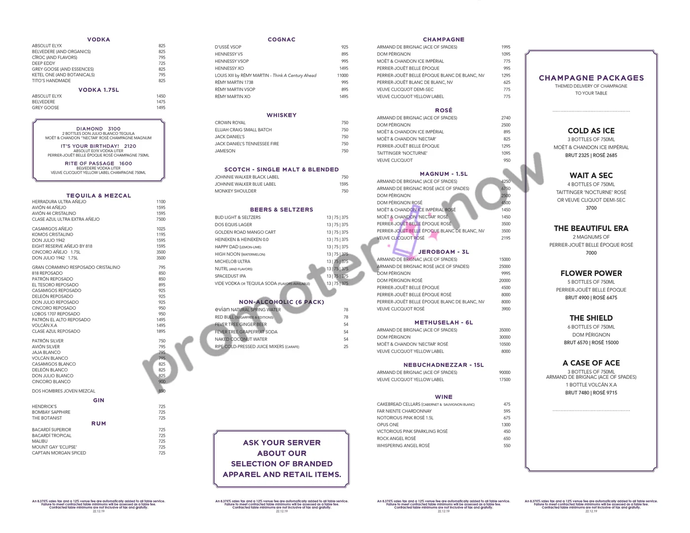 Marquee Nightclub Las Vegas bottle service menu and prices