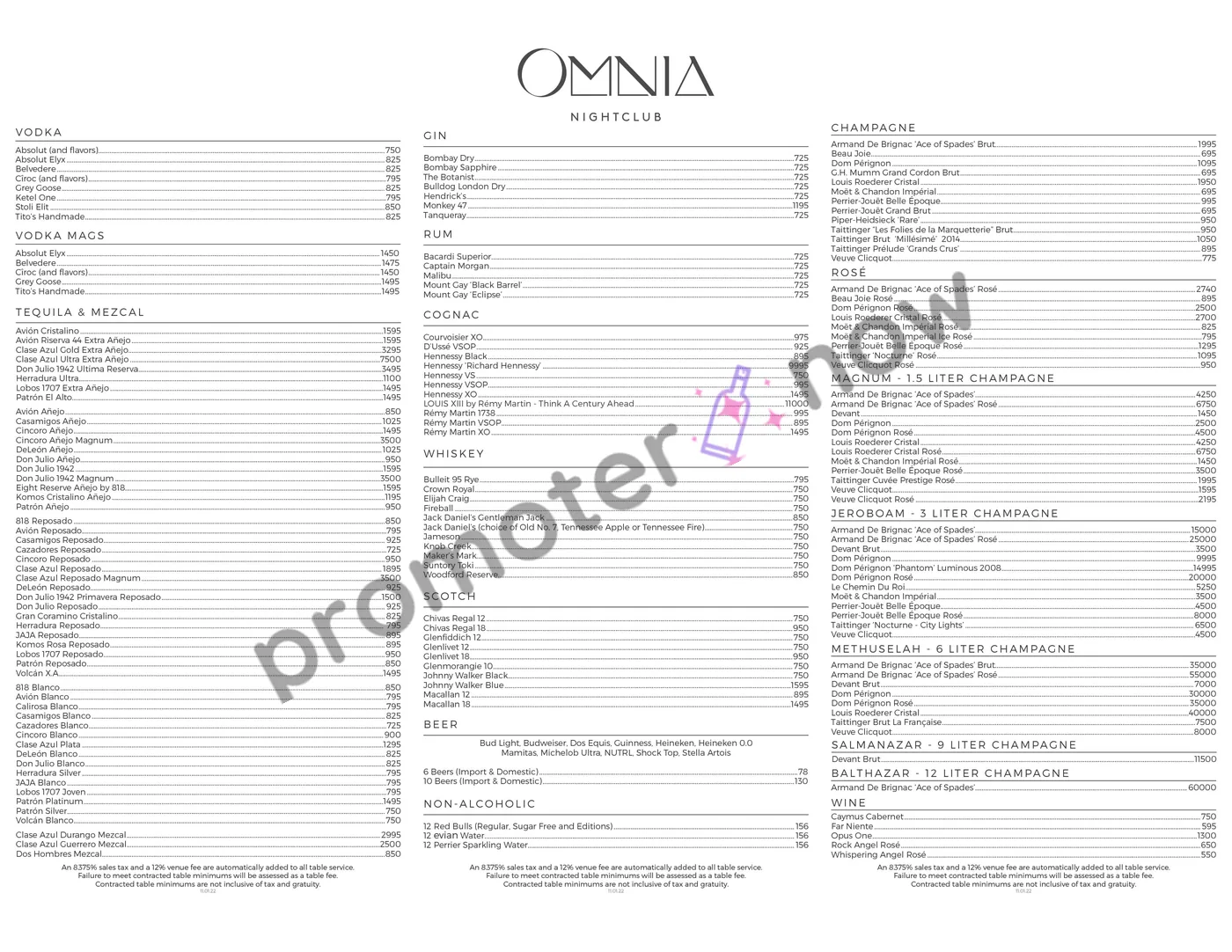 Omnia Nightclub Las Vegas bottle service menu and prices