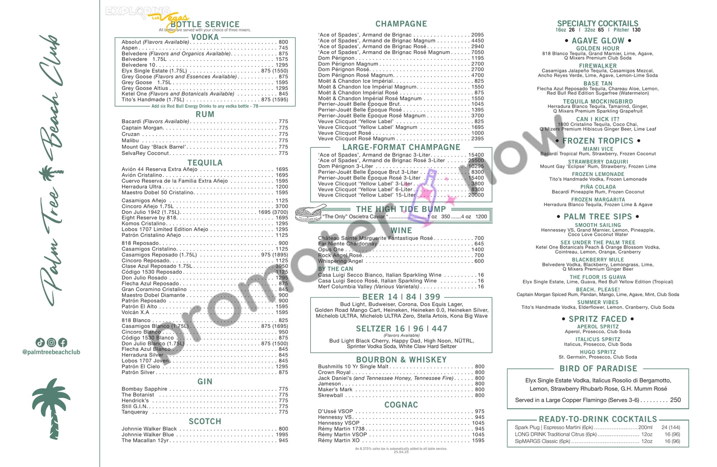 Palm Tree Beach Club Las Vegas bottle service menu and prices