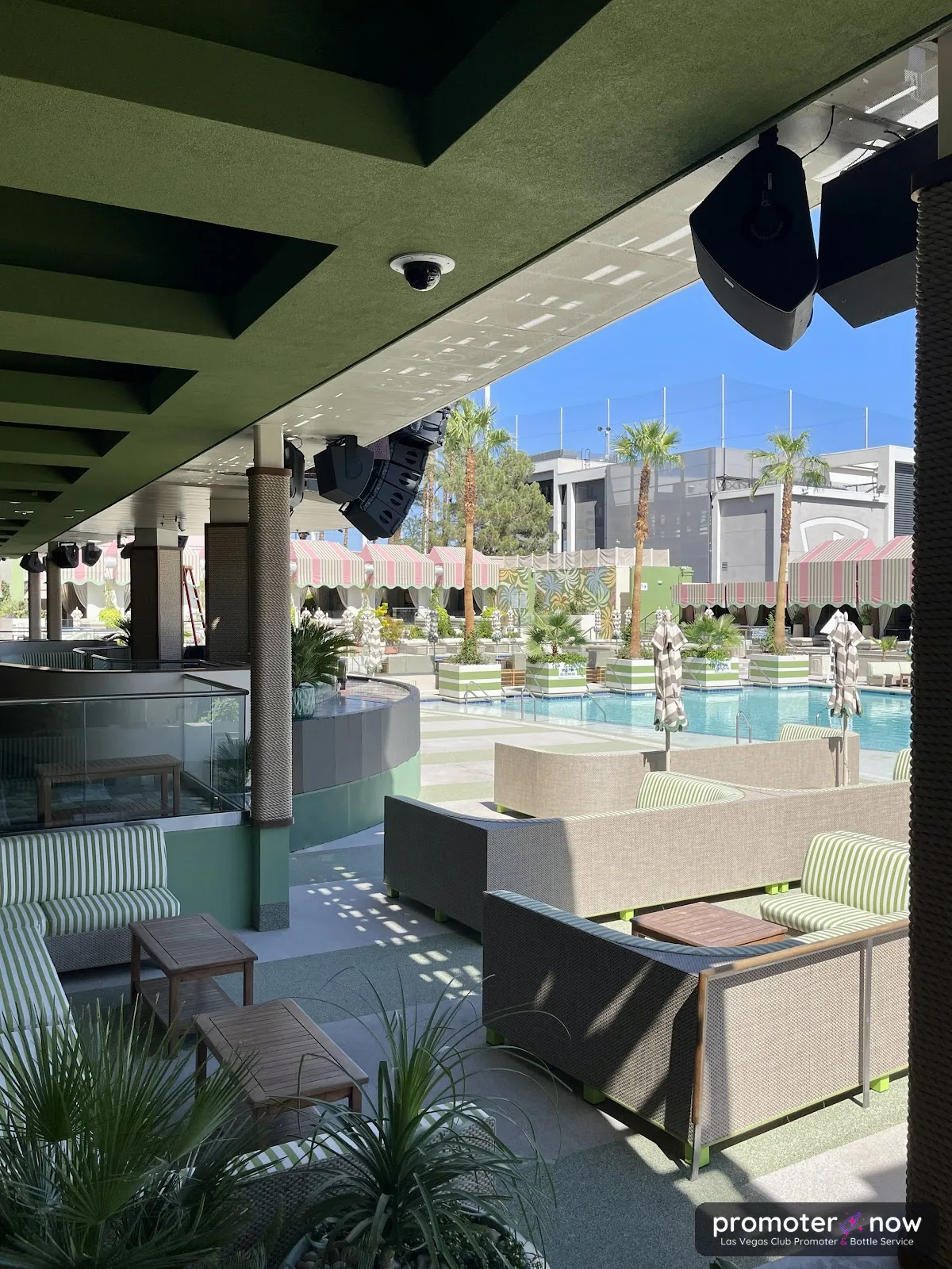 Palm Tree Beach Club at MGM Grand Las Vegas pool stage and daybeds