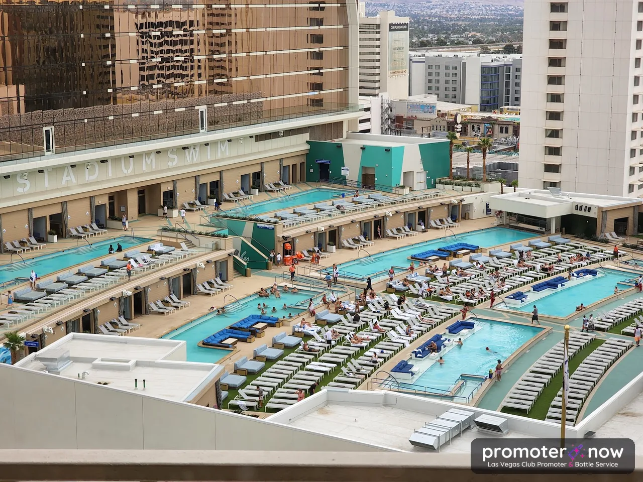 Stadium Swim Circa Las Vegas VIP cabanas and daybeds facing the screen