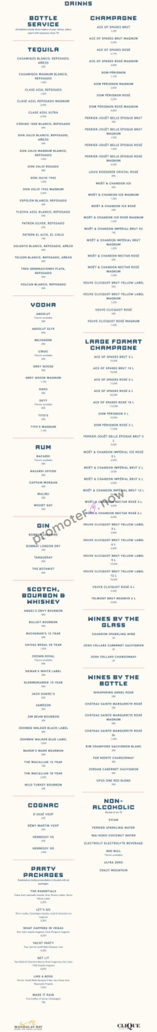 Tailgate Beach Club Las Vegas bottle service menu and prices