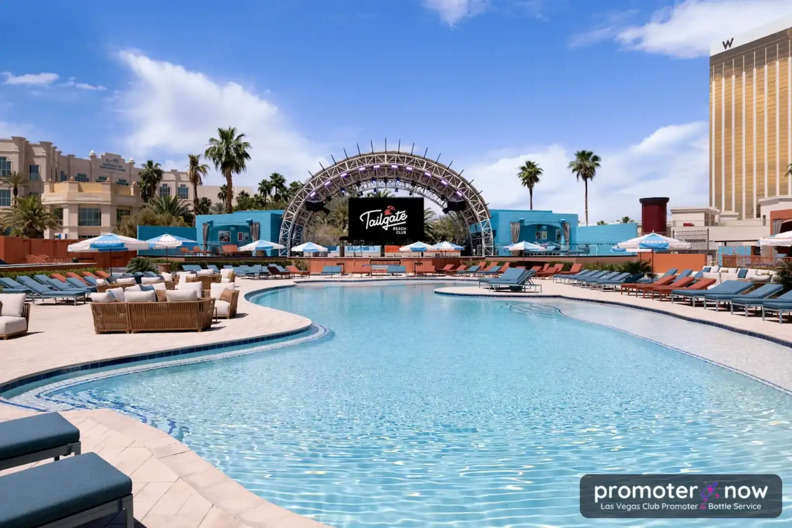 Tailgate Beach Club Las Vegas pool deck and giant LED sports screens at Mandalay Bay