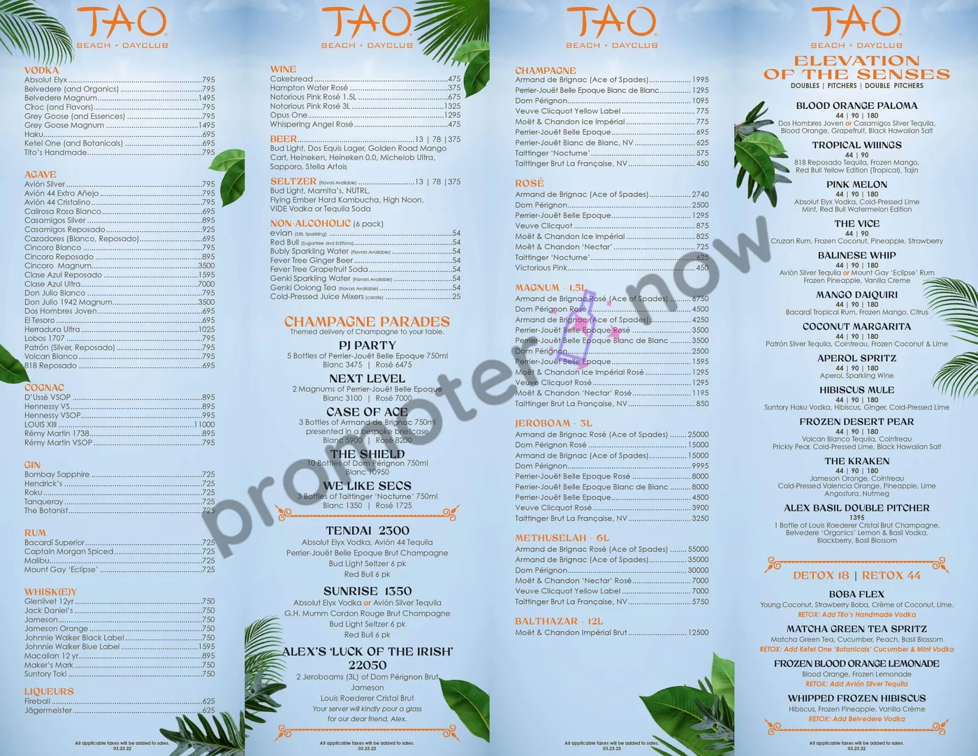 TAO Beach Dayclub Las Vegas bottle service menu and prices