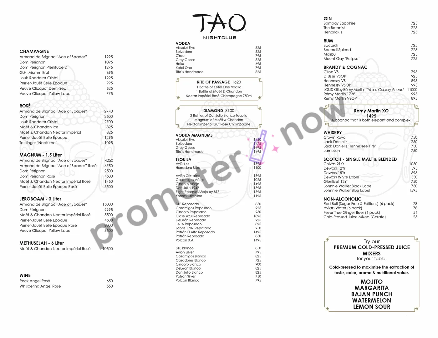 TAO Nightclub Las Vegas bottle service menu and prices