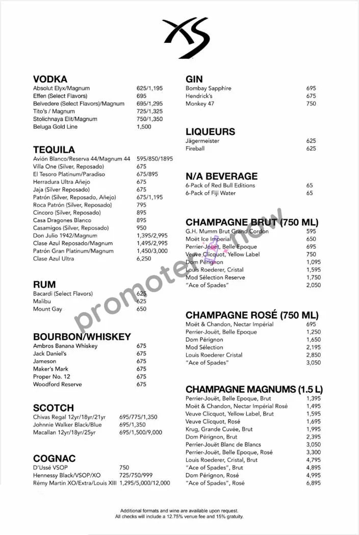 XS Nightclub Las Vegas bottle service menu and prices