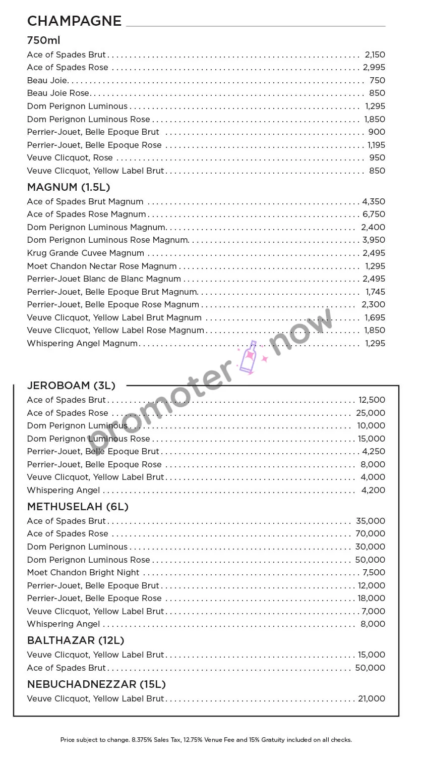 Zouk Nightclub Las Vegas bottle service menu and prices