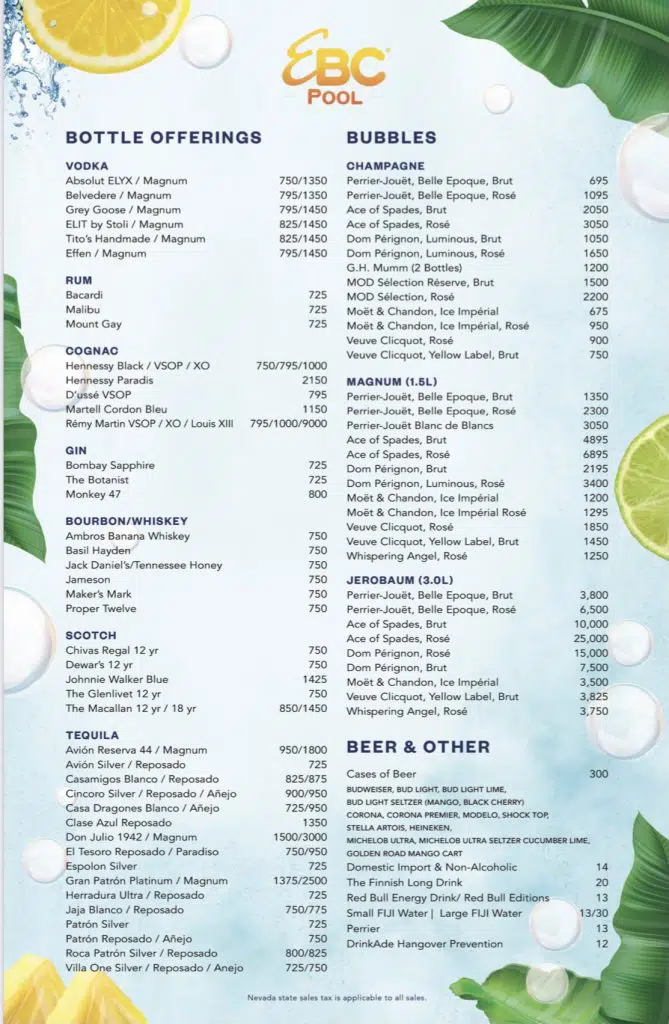 Encore Beach Club Bottle Menu 2021