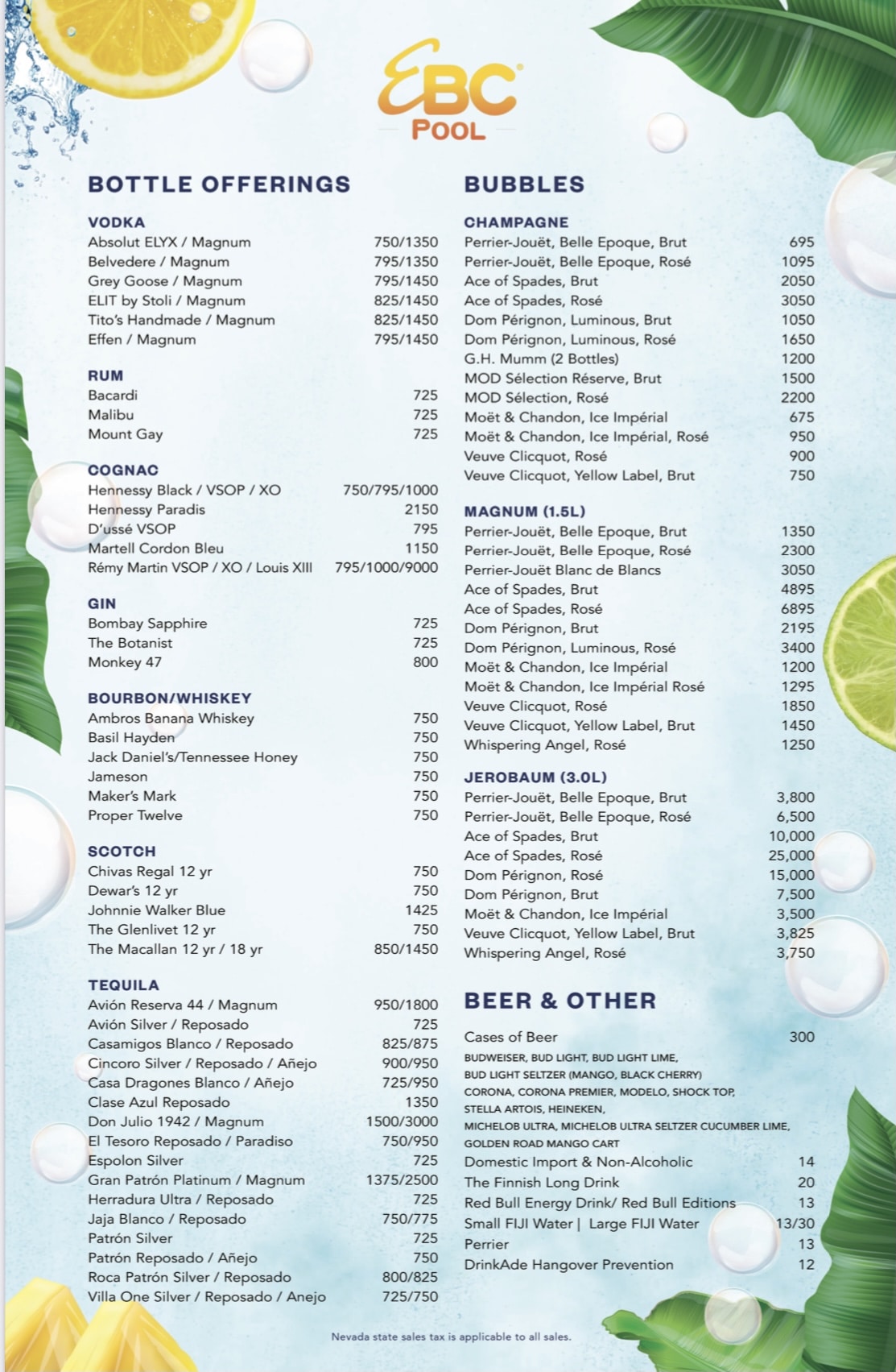 Encore Beach Club Bottle Menu 2021 Promoter Now