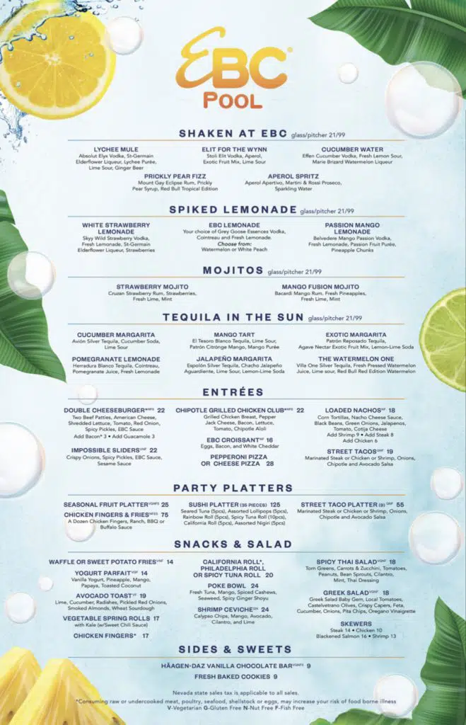 Encore Beach Club Bottle Service Menu 2021