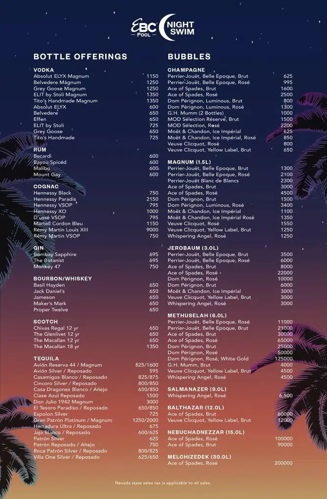 Encore Beach Club at Night Bottle Menu 2021