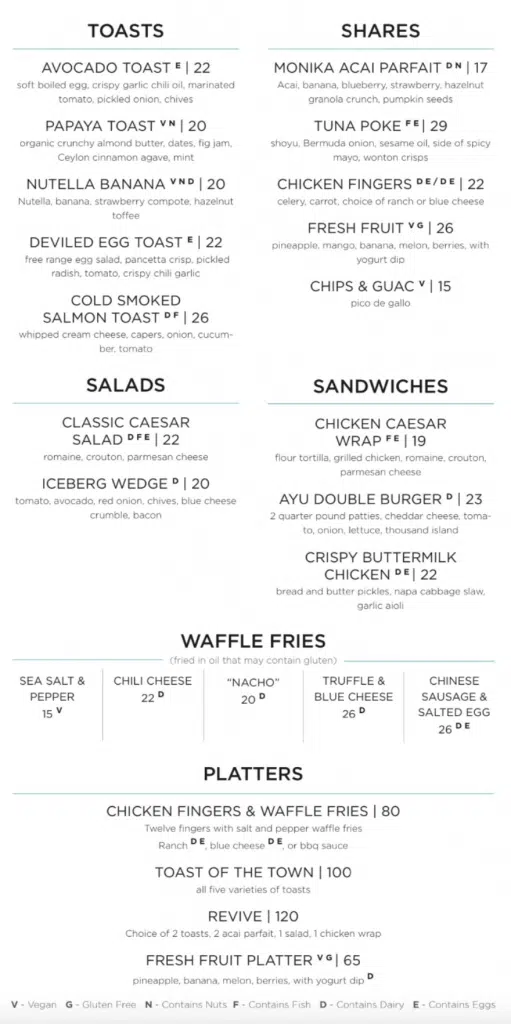 AYU Dayclub Food Menu